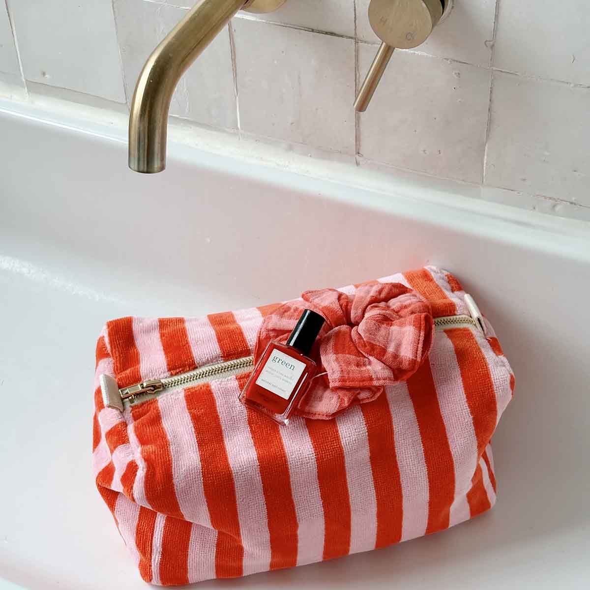 KULTURBEUTEL AUS TERRY | pink tomato stripes