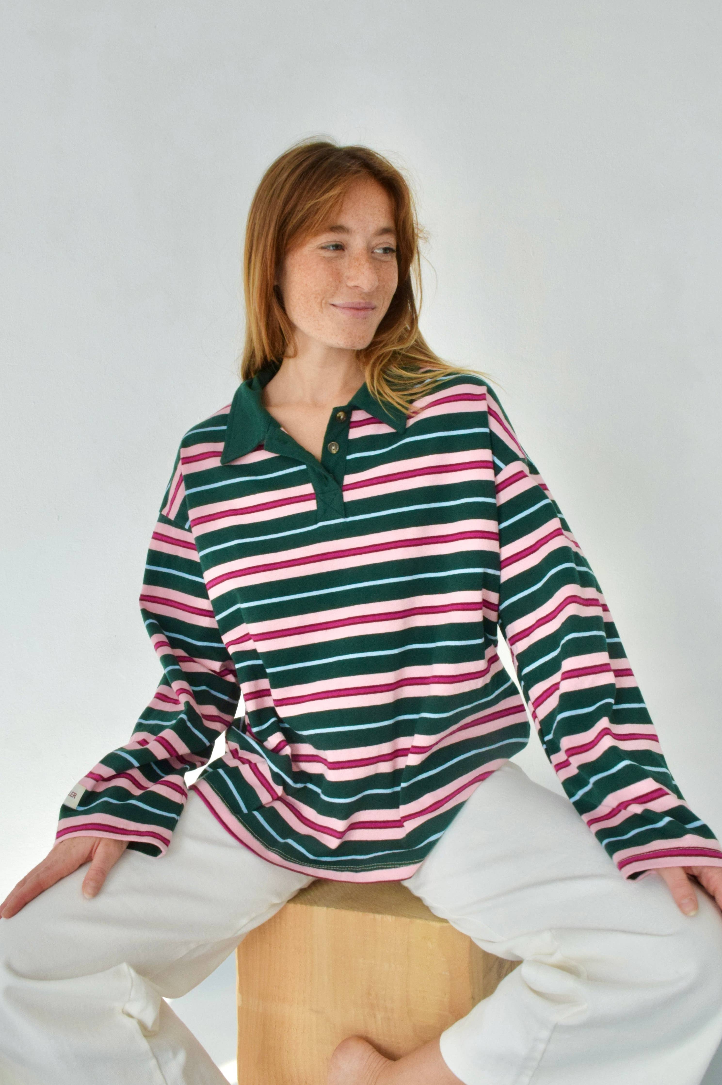 GESTREIFTES POLOSHIRT | grün & rosa